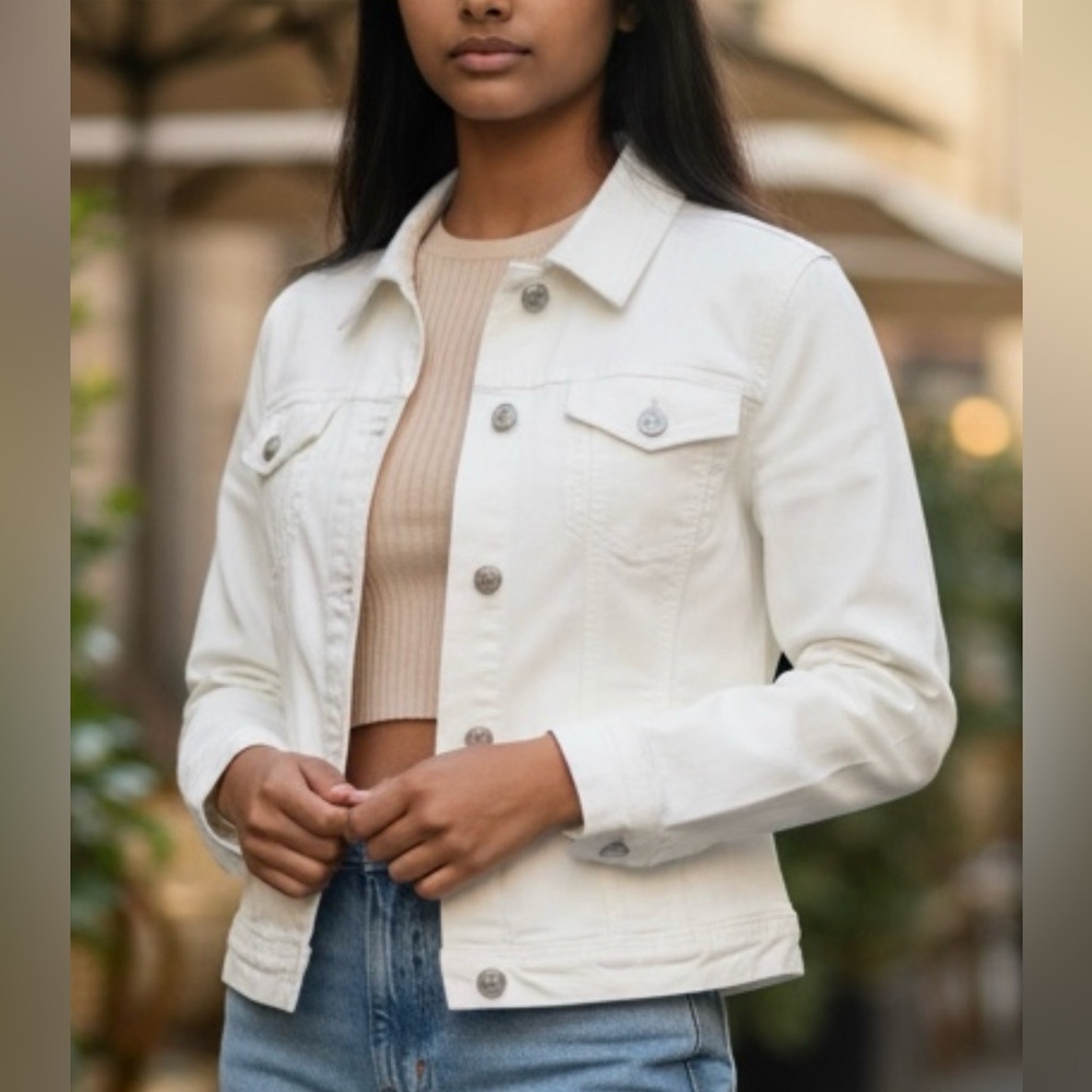 Tommy Bahama White Stretch Denim Jacket Women’s XL Button Front Cotton Blend